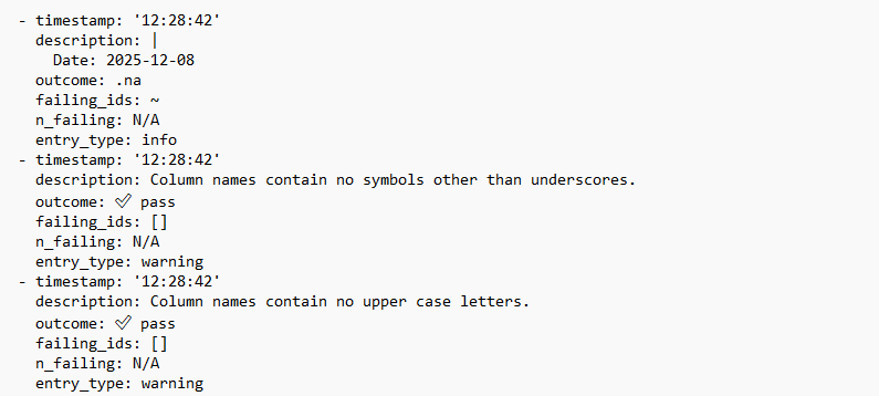 Example of a yaml export of the data.check results log, with system info removed